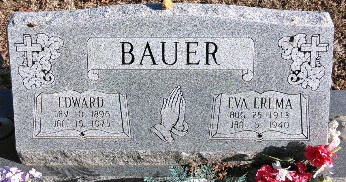 OK, Grove, Buzzard Cemetery, Bauer, Edward & Eva Erema Headstone