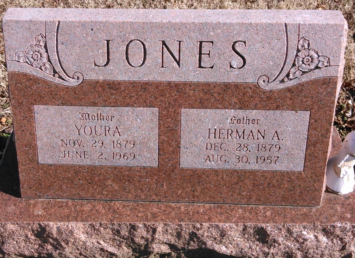 OK, Grove, Buzzard Cemetery, Jones, Herman A. & Youra Headstone