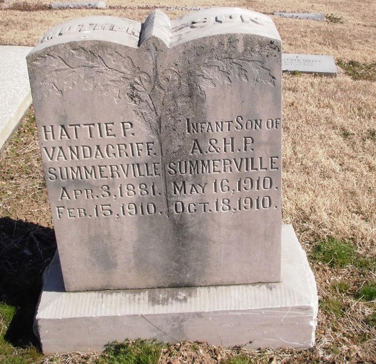 OK, Grove, Olympus Cemetery, Summerville, Hattie P. Vandagriff & Infant Son Headstone