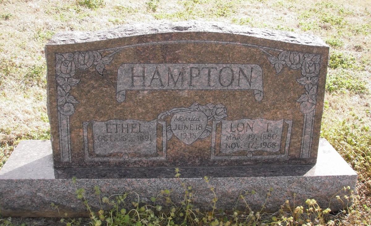 OK, Grove, Olympus Cemetery, Headstone, Hampton, Lon T. & Ethel 