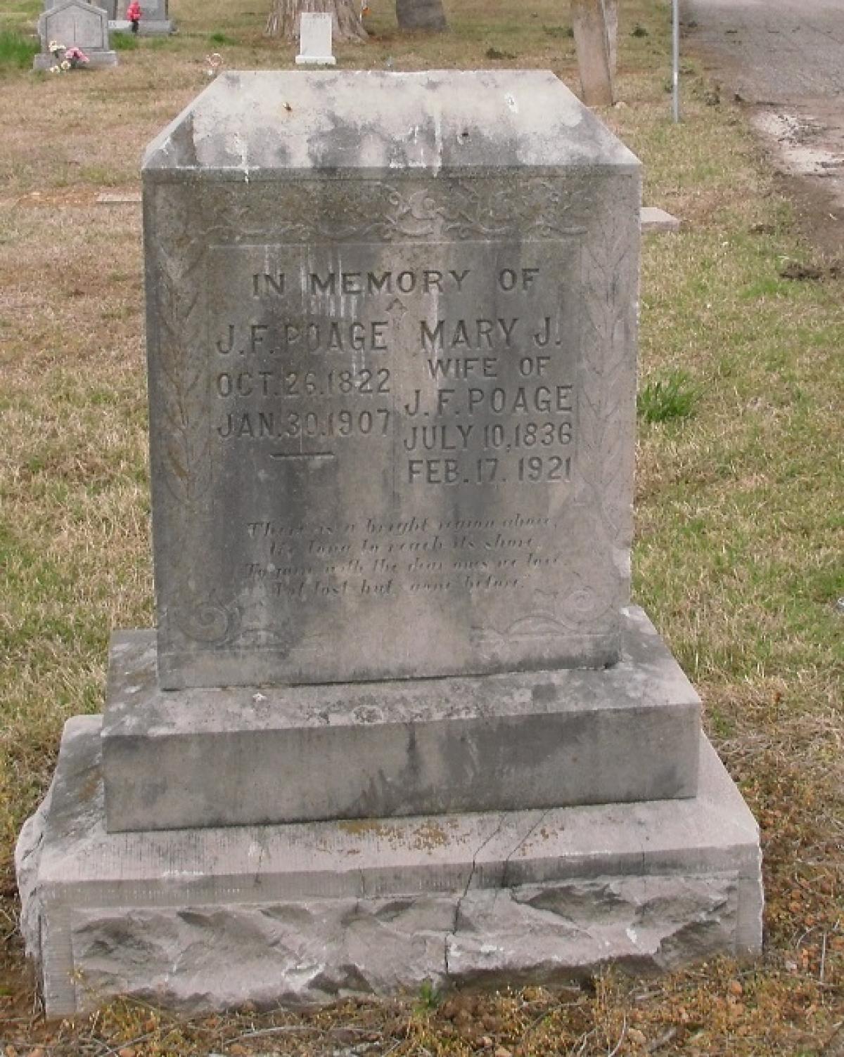 OK, Grove, Olympus Cemetery, Poage, J. F. & Mary J. Headstone