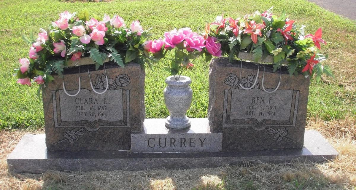 OK, Grove, Olympus Cemetery, Currey, Ben F. & Clara E. Headstone