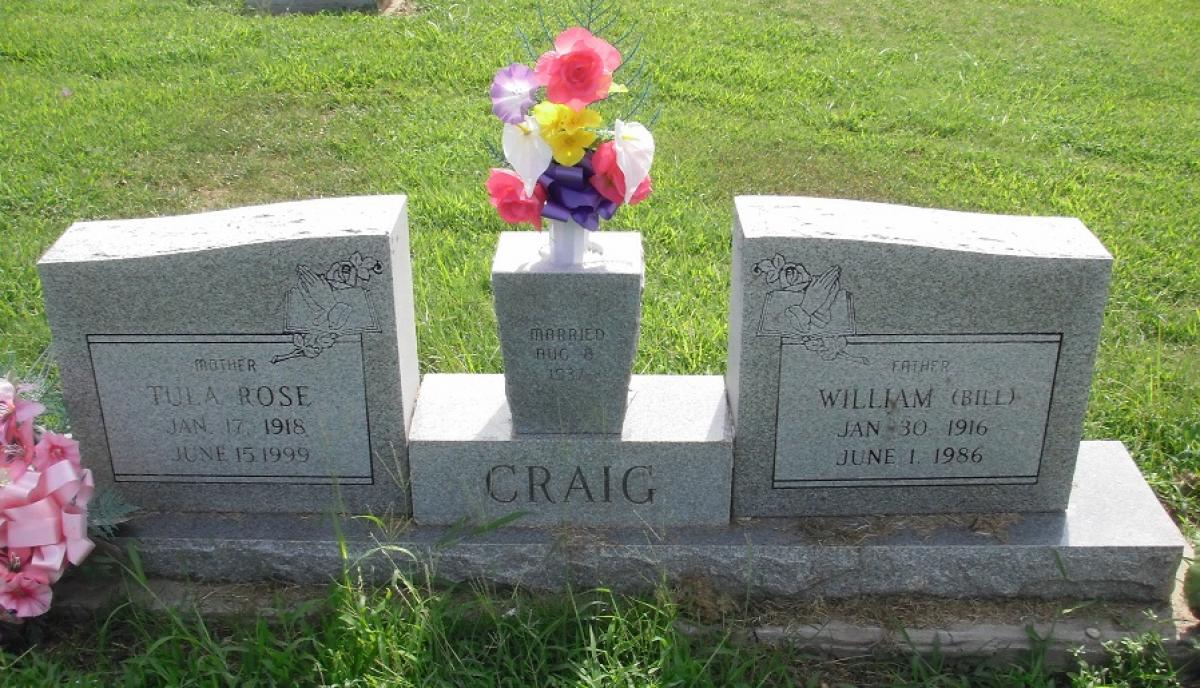 OK, Grove, Olympus Cemetery, Craig, William "Bill" & Tula Rose Headstone