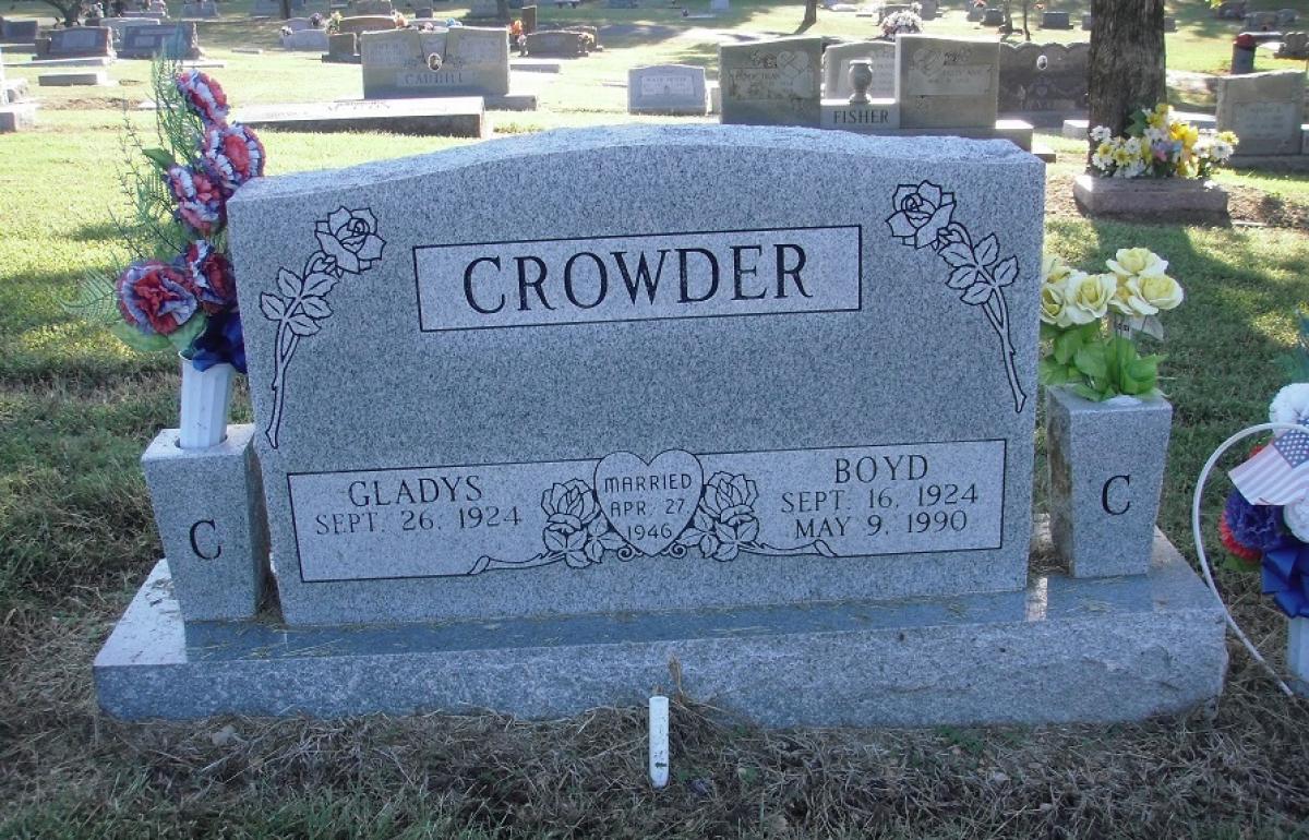 OK, Grove, Olympus Cemetery, Headstone, Crowder, Boyd & Gladys