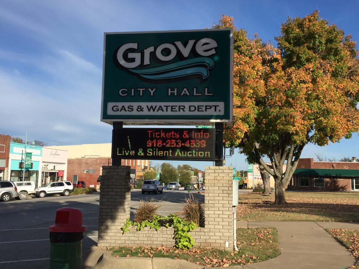 oklahoma, grove, city hall, marquee, advertising, grand lake